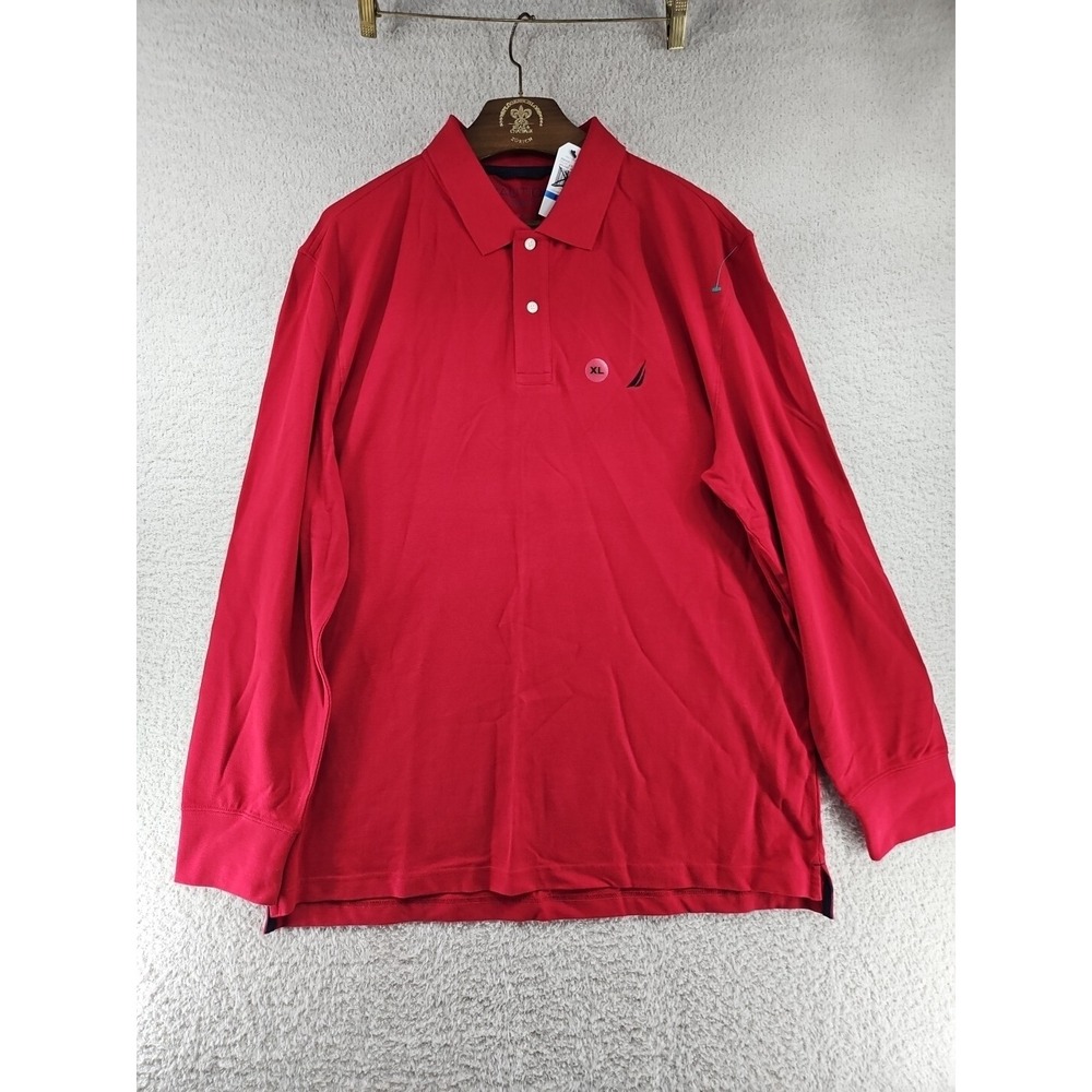 Nautica Polo Shirt Mens Size XL Red Polyester Casual Long Sleeve Classic Fit New